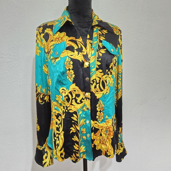 Cache Tops - Cache Black and Teal Baroque Silk Shirt Large